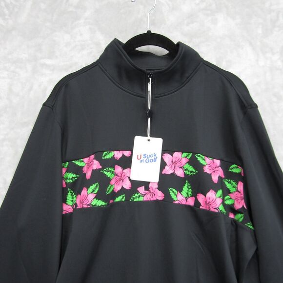 U Suck At Golf 1/4 Zip Pullover Long Sleeve Shirt Sz M Black Floral Pattern NWT - Picture 2 of 14